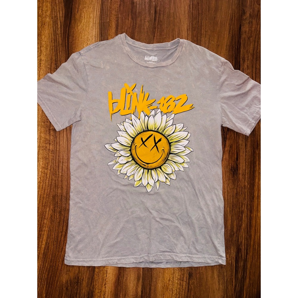 Blink-182 Mens Sunflower Smiley Face Graphic T-Shirt Grey Mineral Wash Size M